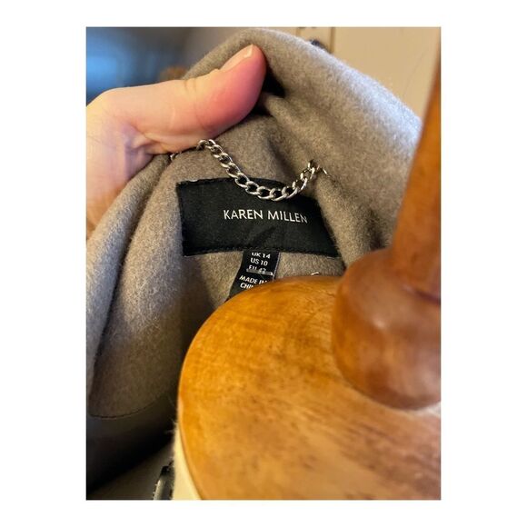 Karen Millen Long Coat Grey Wool Contast Faux Fur Upper Sz 10 - Picture 5 of 16